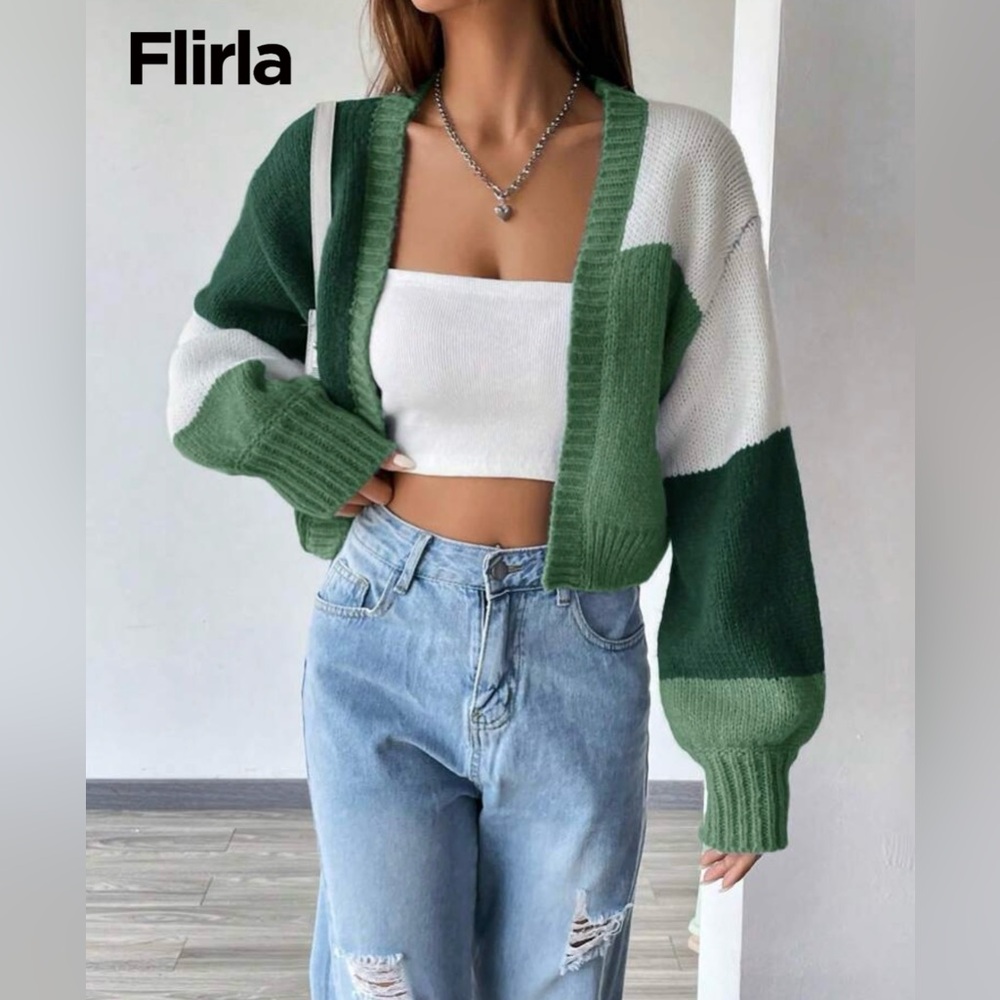 SHEIN Green & White Colorblock Sweater